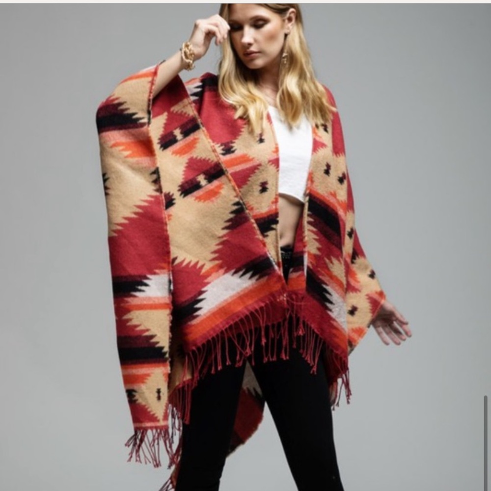 Last 1 New Southwest Print Ruana Wrap with Fringe it’s so soft! - Picture 4 of 6